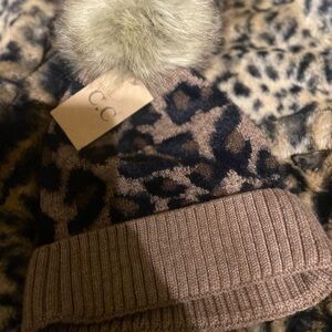 C.C Leopard Print Knit Hat with Pom Pom - Brown and Black